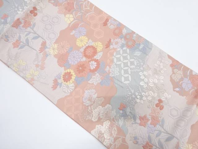 秋草に古典柄模様織り出し袋帯(材料)【アンティーク】【中古】【着】 宗sou