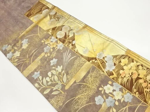 金彩草花にヱ霞・波模様袋帯【中古】【着】 宗sou 金彩草花にヱ霞・波模様袋帯【中古】【着】 宗sou