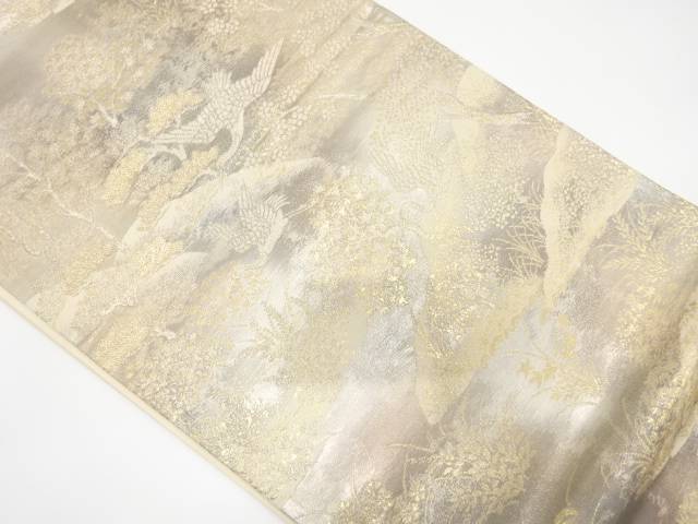樹木に草花・鶴模様織り出し袋帯（材料）【アンティーク】【中古】【着】 宗sou