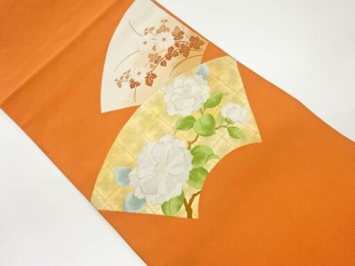綴れ地紙に椿・菊模様織出し名古屋帯【中古】【着】 宗sou 綴れ地紙に椿・菊模様織出し名古屋帯【中古】【着】 宗sou
