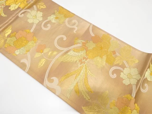 尾長鳥に花唐草模様織り出し袋帯(材料)【アンティーク】【中古】【着】 宗sou