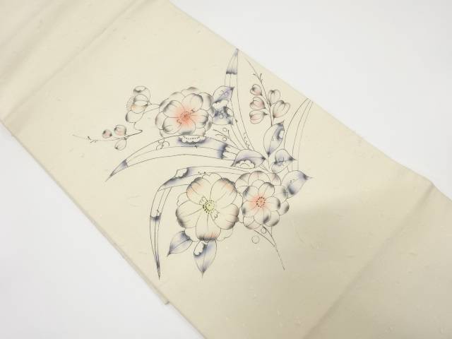 ひげ紬 草花模様開き名古屋帯(額縁仕立て)【中古】【着】 宗sou