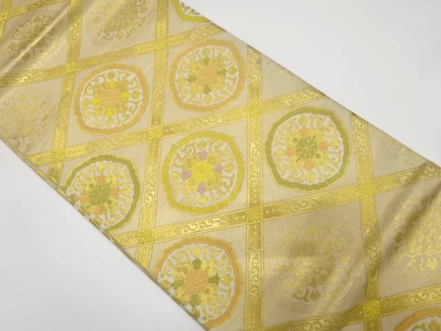 斜め格子に華紋織り出し袋帯(材料)【アンティーク】【中古】【着】 宗sou