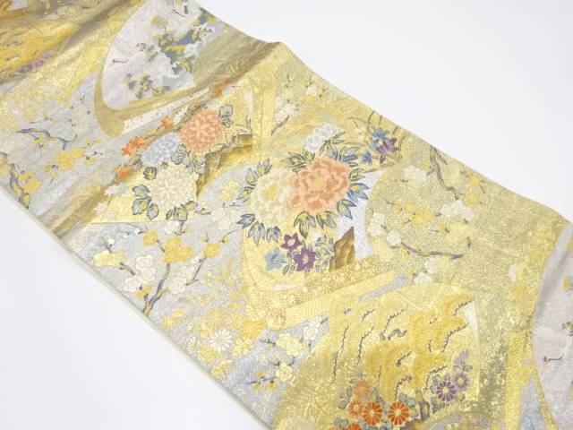 地紙に牡丹・鶴模様織り出し袋帯【中古】【着】 宗sou【spoff】