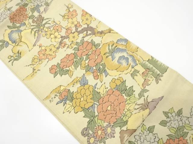 枝梅に椿・牡丹模様織り出し袋帯（材料）【アンティーク】【中古】【着】 宗sou