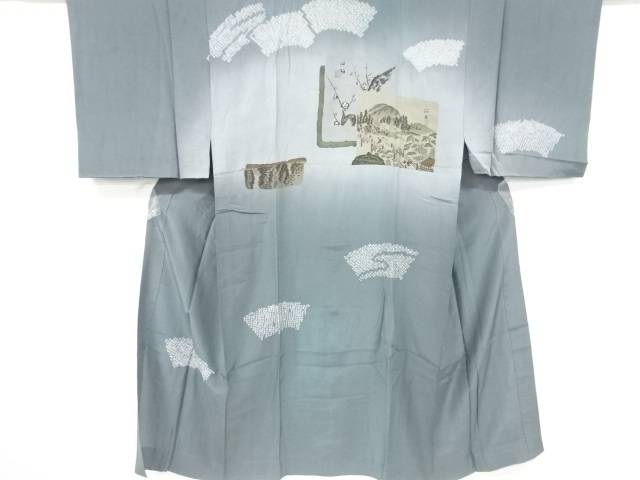 絞り 色紙に遠山風景模様単衣男物長襦袢【アンティーク】【中古】【着】 宗sou