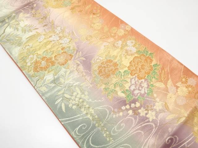 椿に藤・秋草模様織り出し袋帯【中古】【着】 宗sou【spoff】