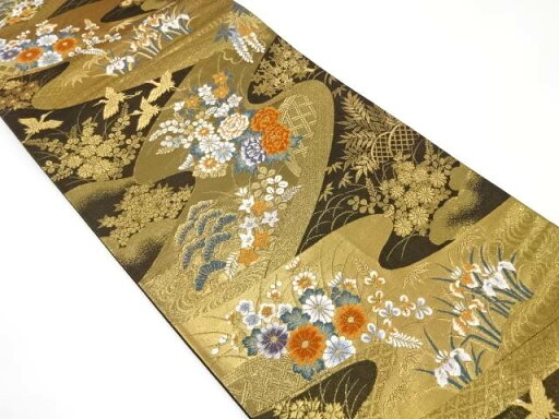 本金箔二重織 霞取りに鶴・草花模様織り出し袋帯【中古】【着】 宗sou【spoff】 本金箔二重織 霞取りに鶴・草花模様織り出し袋帯【中古】【着】 宗sou【spoff】
