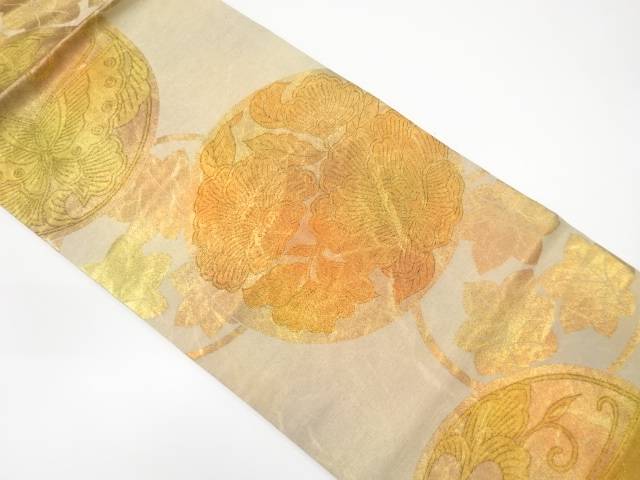 丸紋に草花・蝶模様織り出し名古屋帯【中古】【着】 宗sou