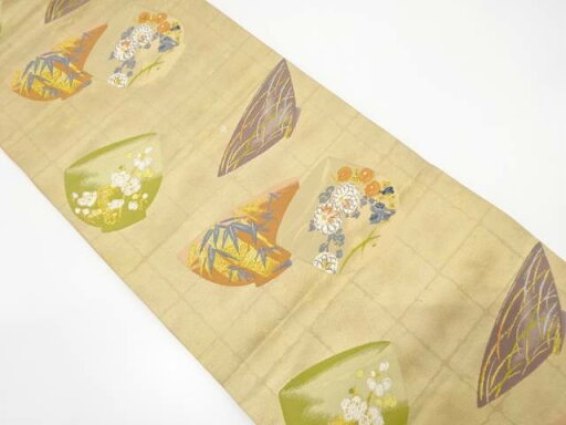 茶碗に竹笹・梅・花模様織り出し袋帯【中古】【着】 宗sou 茶碗に竹笹・梅・花模様織り出し袋帯【中古】【着】 宗sou