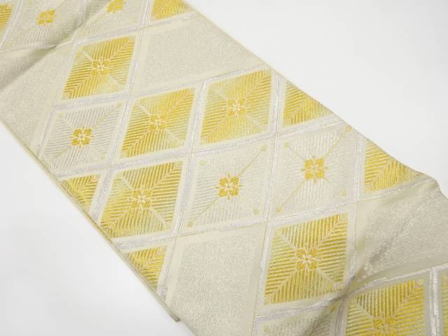 菱に花模様織り出し全通袋帯(材料)【アンティーク】【中古】【着】 宗sou