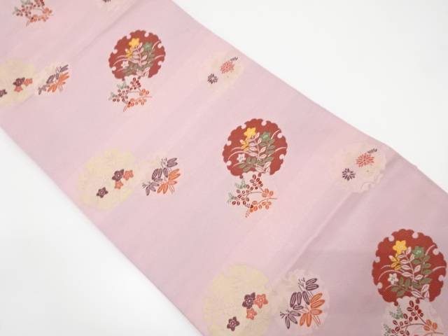 雪輪に秋草模様織り出し全通袋帯(材料)【アンティーク】【中古】【着】 宗sou