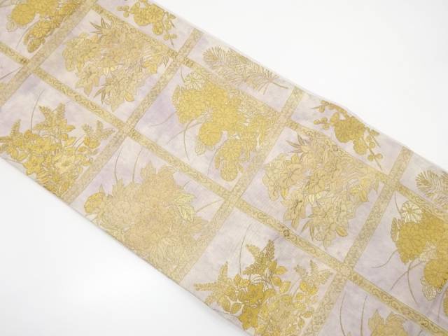 格子に花模様織り出し袋帯（材料）【アンティーク】【中古】【着】 宗sou