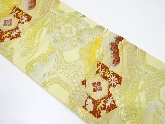 亀甲に笠松・花古典柄模様織り出し袋帯【中古】【着】 宗sou