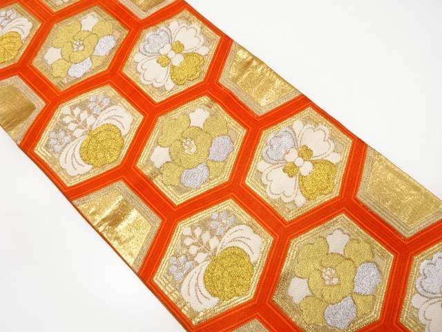 亀甲繋ぎに花模様織り出し袋帯(材料)【アンティーク】【中古】【着】 宗sou