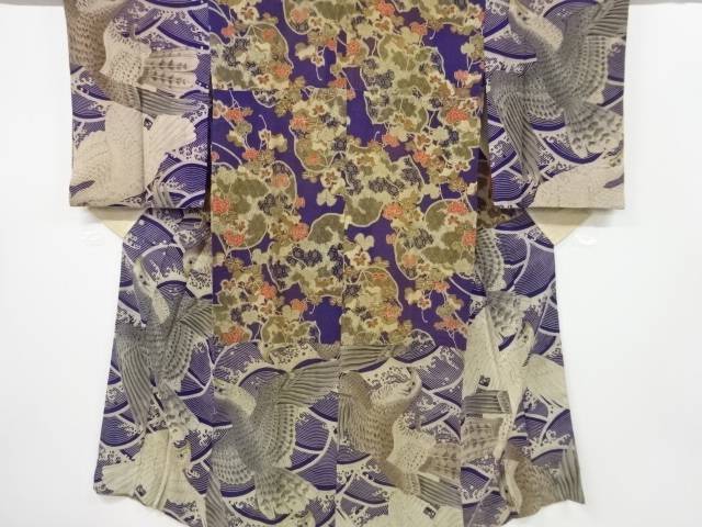 江戸縮緬 荒波に鷹模様単衣胴抜き長襦袢【アンティーク】【中古】【着】 宗sou