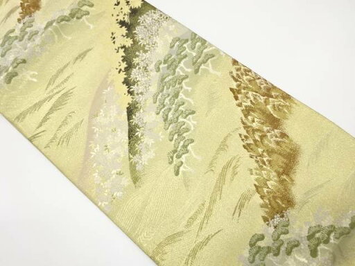 未使用品 山並みに桜・紅葉・松模様織出し袋帯【リサイクル】【着】 宗sou 未使用品 山並みに桜・紅葉・松模様織出し袋帯【リサイクル】【着】 宗sou