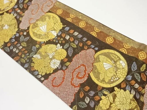 雲に丸文・蝶・花々模様織り出し袋帯【中古】【着】 宗sou 雲に丸文・蝶・花々模様織り出し袋帯【中古】【着】 宗sou