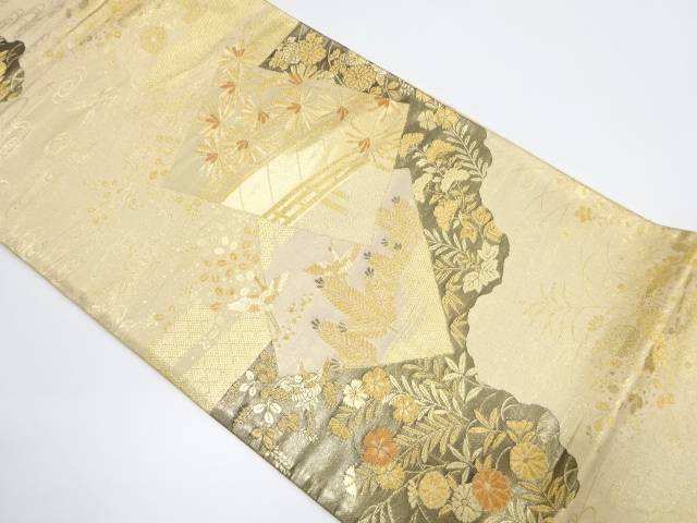 色紙に若松双鶴模様織り出し袋帯【中古】【着】 宗sou