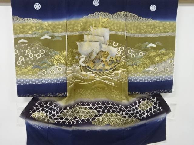 宝船模様紋付男児着物(内袖・長襦袢付き)【中古】【着】 宗sou
