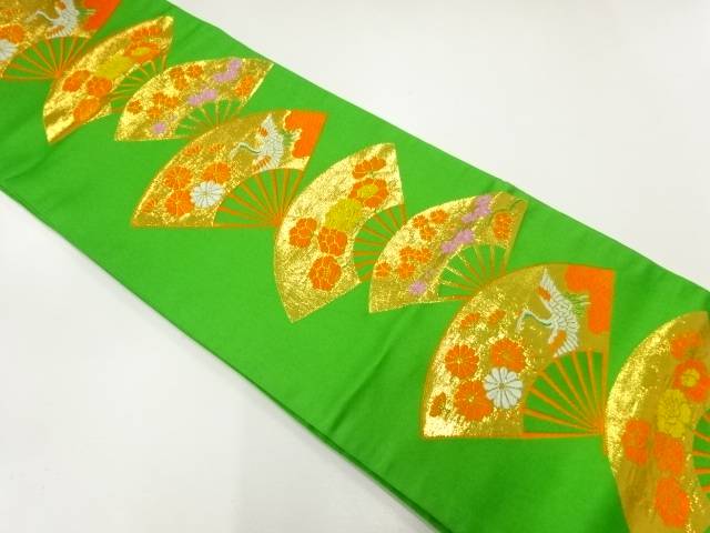 扇に鶴・草花模様織出し子供帯【中古】【着】 宗sou