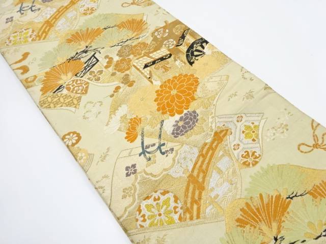 読み本に御所車・松竹梅模様織り出し丸帯(材料)【アンティーク】【中古】【着】 宗sou