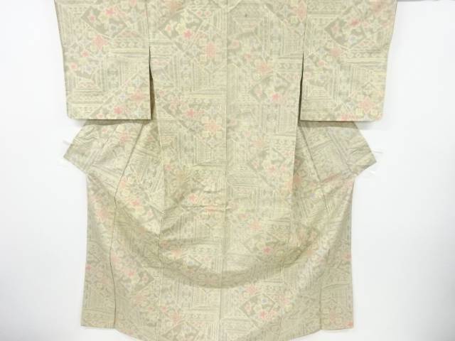 幾何学に花模様織り出し十日町紬着物【アンティーク】【中古】【着】 宗sou【Pnt】