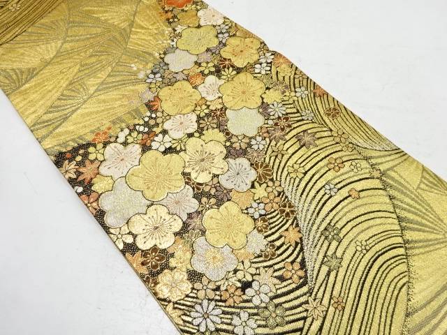 梅に桜・楓模様織り出し 振袖用袋帯【中古】【着】 宗sou