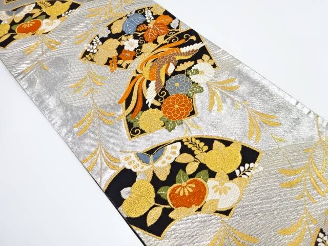 地紙に尾長鳥・蝶・草花模様織り出し 袋帯【中古】【着】 宗sou