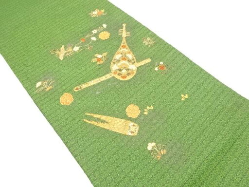 金通し 古楽器に花喰い鳥模様 刺繍 袋帯【中古】【着】 宗sou 金通し 古楽器に花喰い鳥模様 刺繍 袋帯【中古】【着】 宗sou