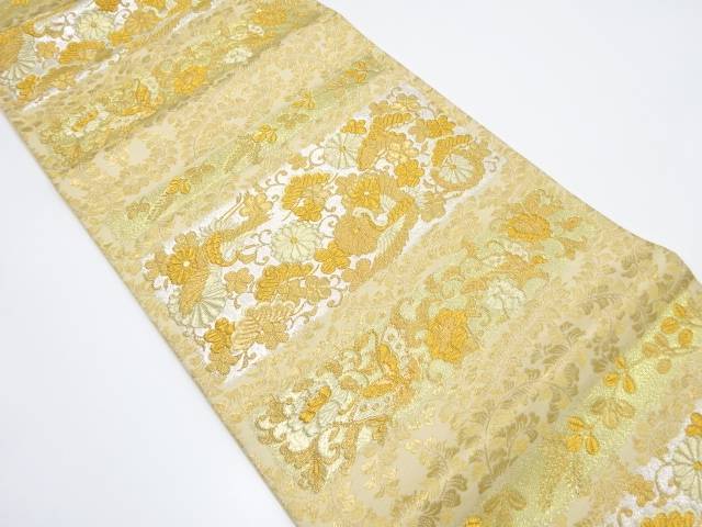 横段に鶴・蝶・草花模様織り出し 袋帯【中古】【着】 宗sou