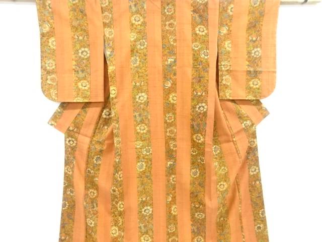 未使用品 仕立て上がり 縞に花更紗模様手織り真綿紬着物【着】 宗sou