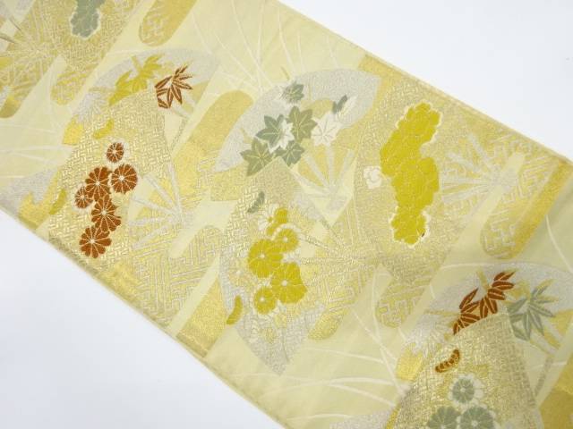 扇に菊・紅葉・牡丹模様織り出し袋帯（材料）【アンティーク】【中古】【着】 宗sou