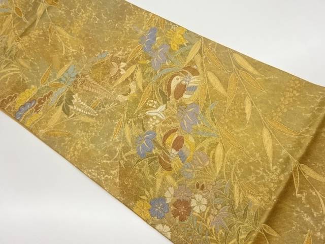 草花に鴛鴦・蝶模様織出し袋帯【中古】【着】 宗sou