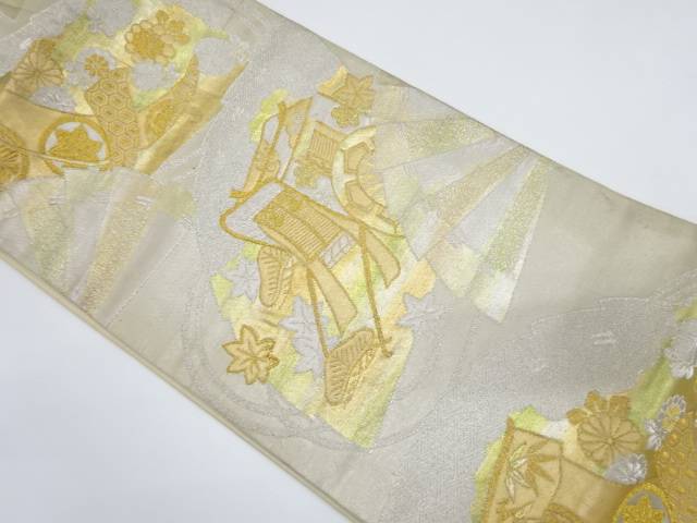 桧扇に御所車模様織り出し袋帯(材料)【アンティーク】【中古】【着】 宗sou