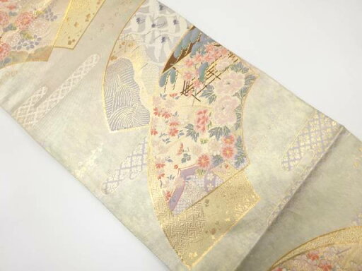 地紙に鶴・牡丹・御所車模様織り出し 袋帯【中古】【着】 宗sou 地紙に鶴・牡丹・御所車模様織り出し 袋帯【中古】【着】 宗sou