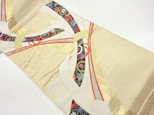 プラチナ箔束ね熨斗に桐・花々模様織出し袋帯【中古】【着】 宗sou プラチナ箔束ね熨斗に桐・花々模様織出し袋帯【中古】【着】 宗sou