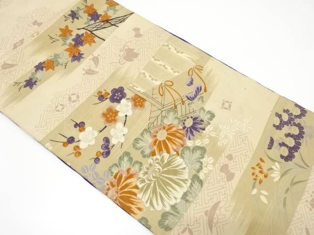霞に菊・枝梅模様 刺繍 昼夜帯(材料)【アンティーク】【中古】【着】 宗sou