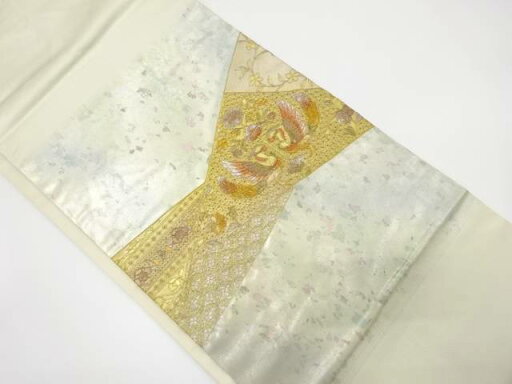 引箔 汕頭蘇州刺繍 向かい鳳凰に花模様織り出し 名古屋帯【中古】【着】 宗sou 引箔 汕頭蘇州刺繍 向かい鳳凰に花模様織り出し 名古屋帯【中古】【着】 宗sou