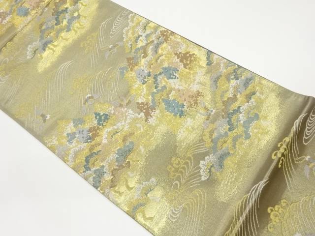 荒波に松鶴・木々模様織出し袋帯【中古】【着】 宗sou