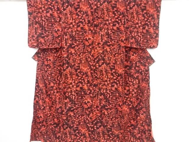 紋錦紗網干に家屋草花模様着物【アンティーク】【中古】【着】 宗sou