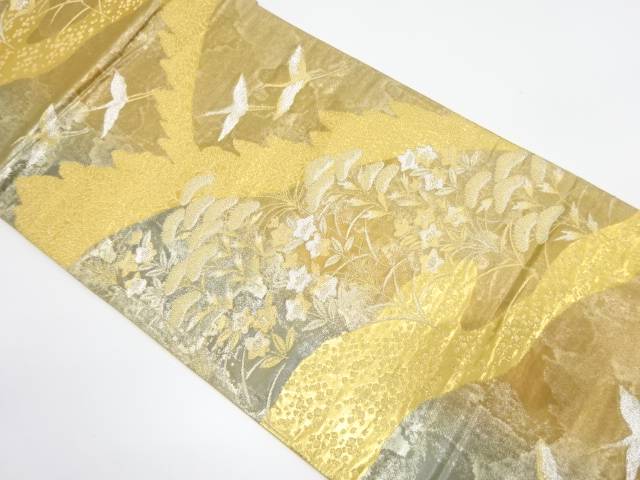 遠山に群鶴・秋草模様織り出し　袋帯【中古】【着】 宗sou