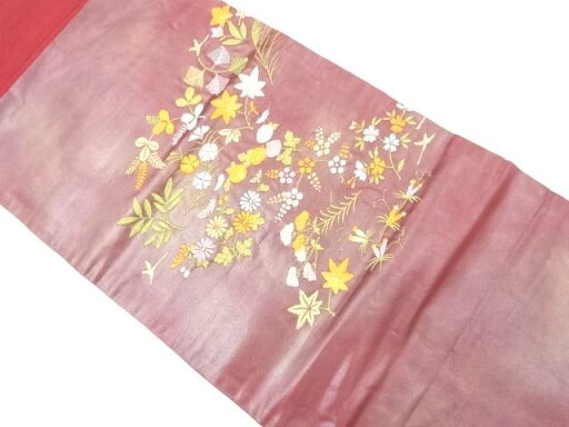若松に萩・草花模様織り出し 名古屋帯【中古】【着】 宗sou 若松に萩・草花模様織り出し 名古屋帯【中古】【着】 宗sou
