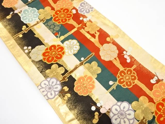 枝梅模様織り出し 振袖用 袋帯【中古】【着】 宗sou