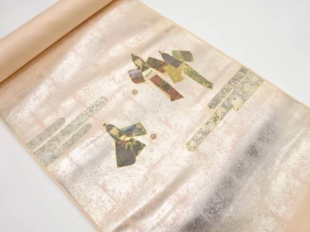 銀彩螺鈿 童女模様 名古屋帯地反物【アンティーク】【中古】【着】 宗sou