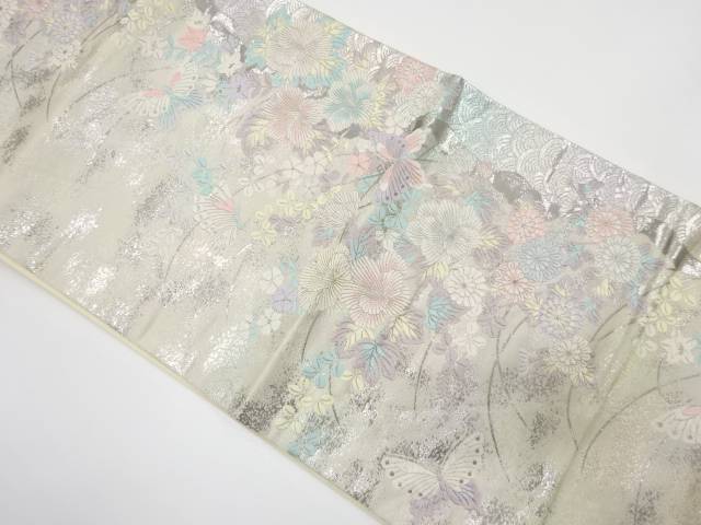 引箔 草花に蝶模様織り出し 袋帯【中古】【着】 宗sou