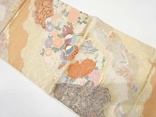 道長取りに鴛鴦・草花模様織り出し 袋帯【中古】【着】 宗sou 道長取りに鴛鴦・草花模様織り出し 袋帯【中古】【着】 宗sou
