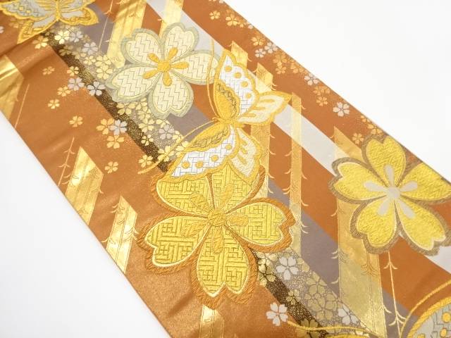 蝶に桜模様織り出し 全通 振袖用 袋帯【中古】【着】 宗sou