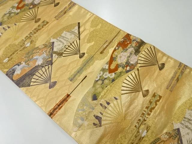扇に鶴・草花模様織出し袋帯【リサイクル】【中古】【着】 宗sou
