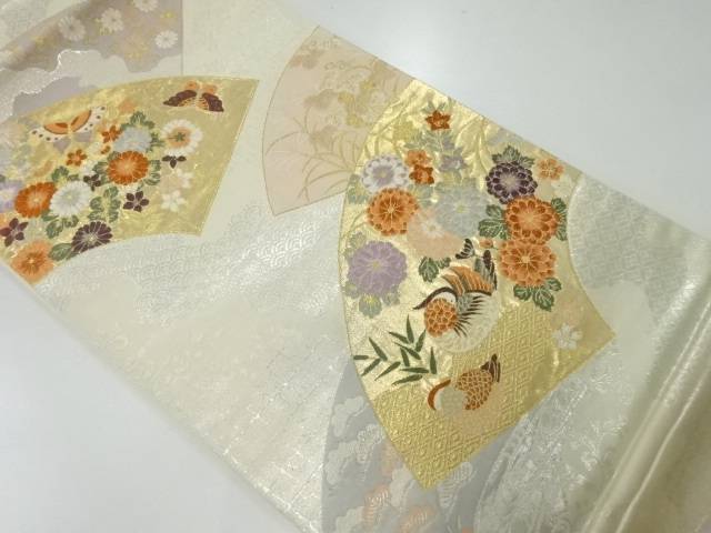 地紙に鴛鴦・草花模様織出し袋帯【リサイクル】【中古】【着】 宗sou